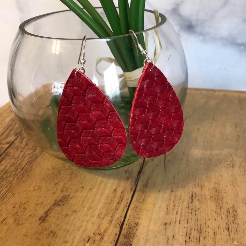Faux Leather Red Teardrop Shaped Earrings